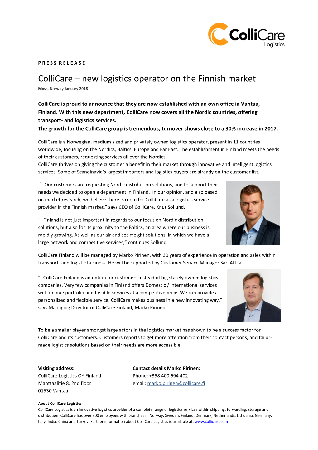Collicare New Logistics Operator on the Finnish Market