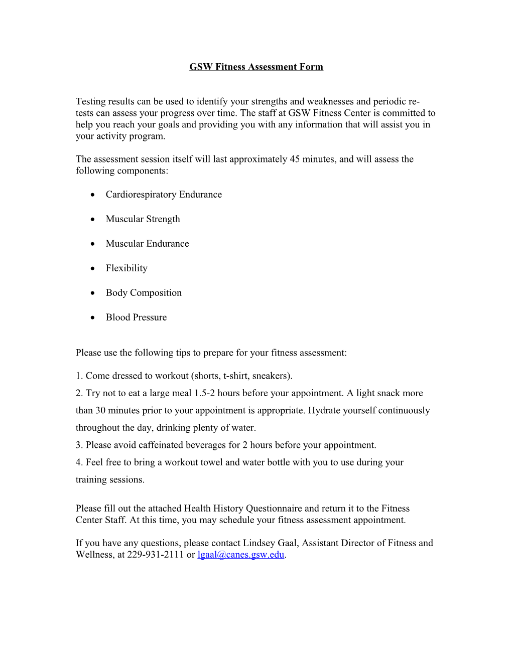 GSW Fitness Assessment Form