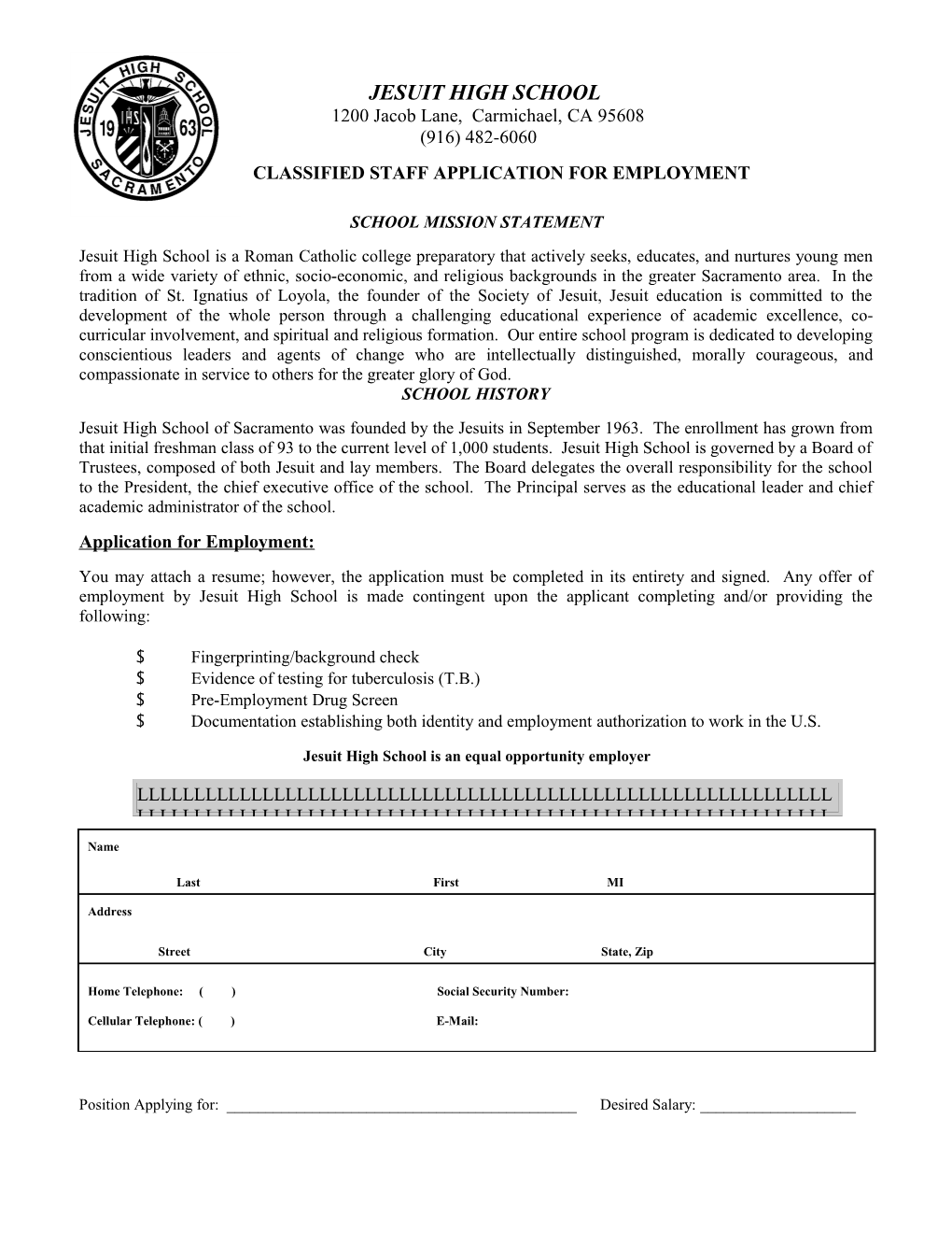 Classified Staff Application for Employment