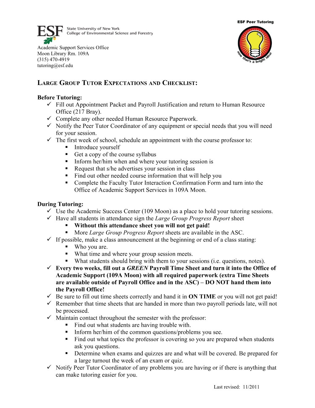 Large Group Tutor Expectations and Checklist