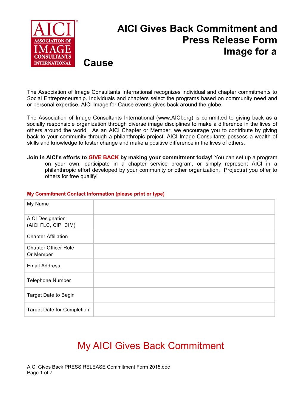 AICI Gives Back Commitment Form