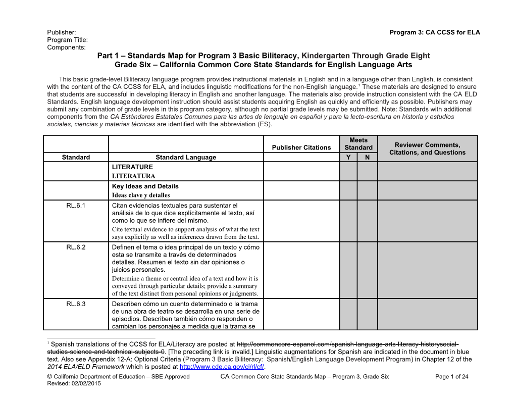 ELA Standards Map, Program 3 Grade 6 - Instructional Materials (CA Dept of Education)