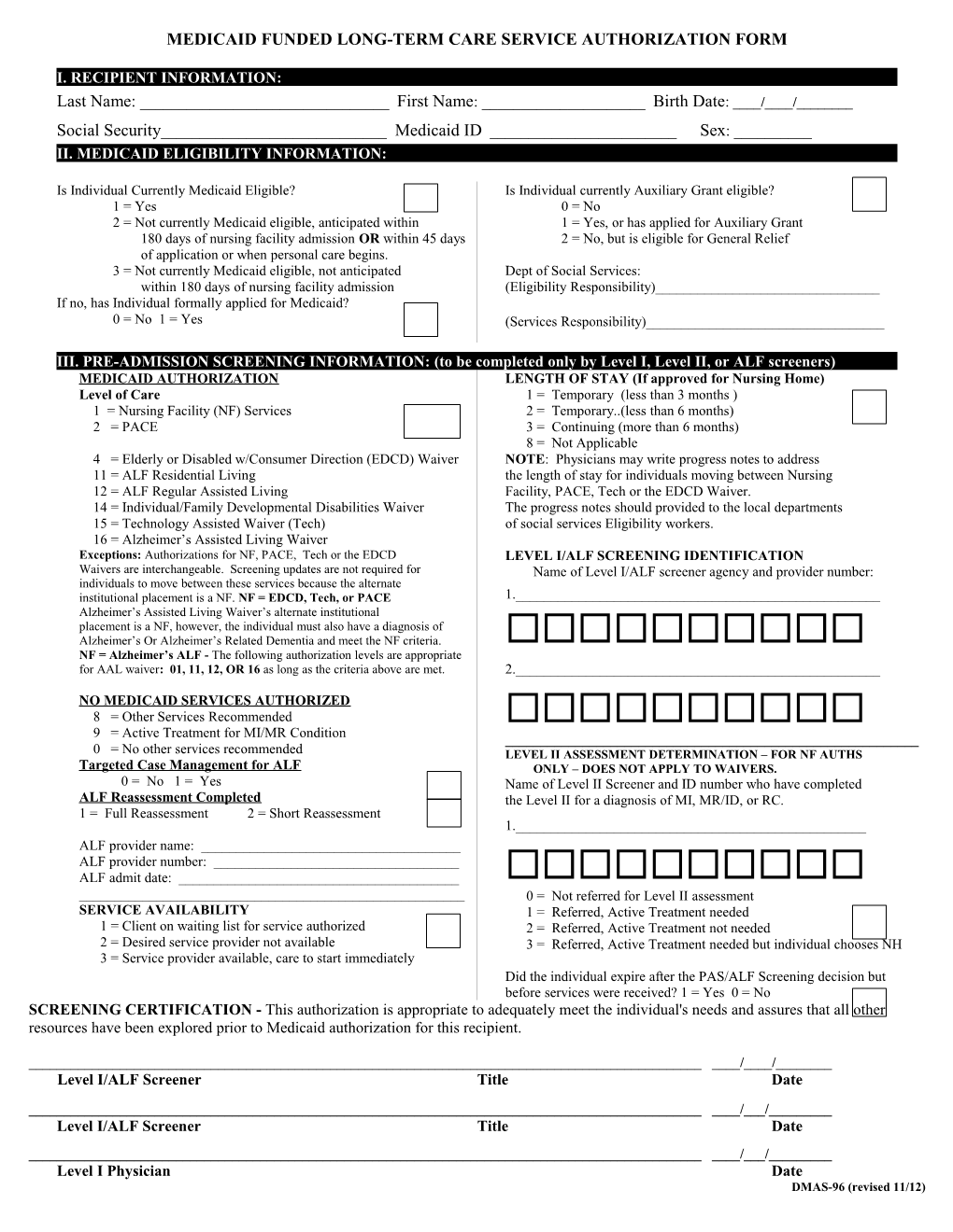 Medicaid Funded Long-Term Care Service Authorization Form