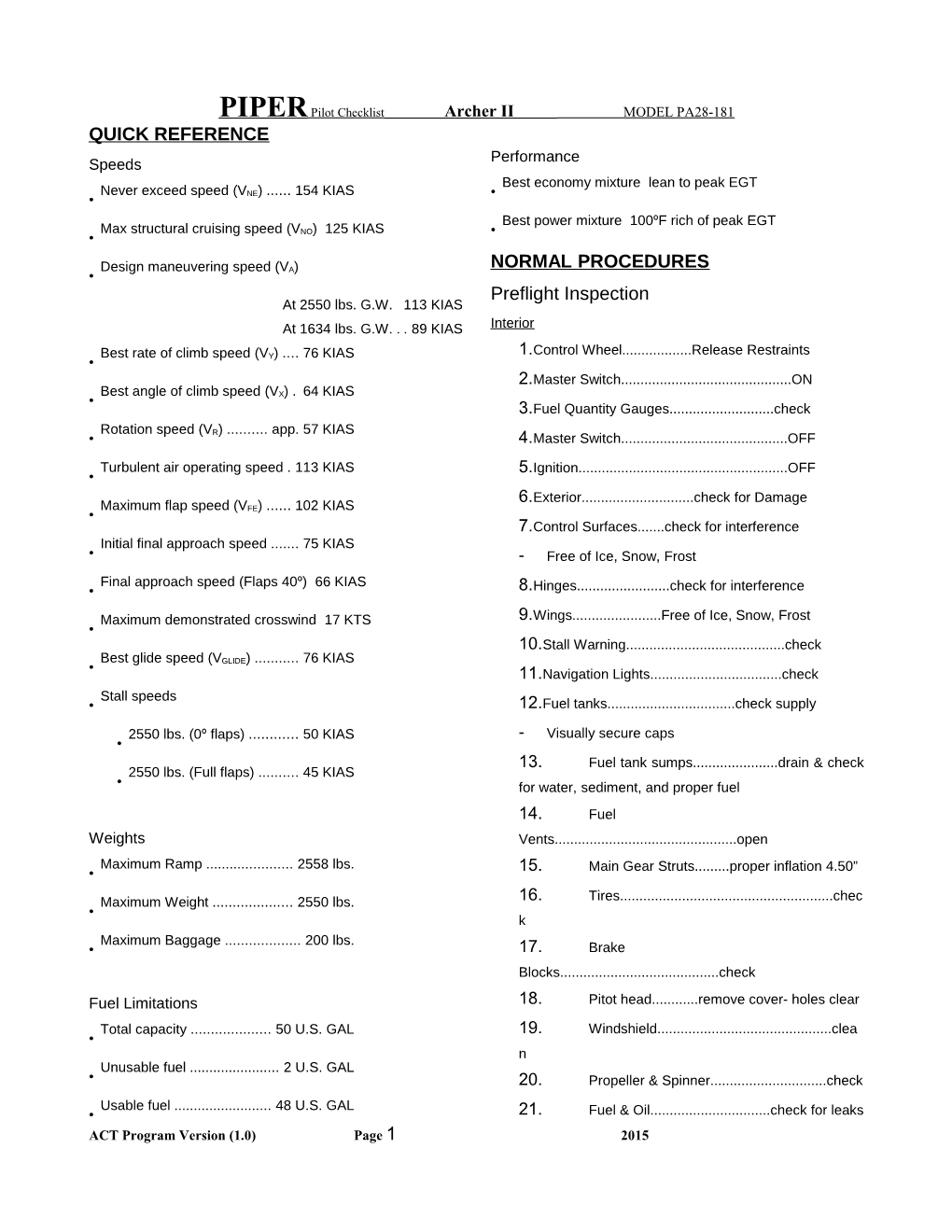 PIPER Pilot Checklist Archer II MODEL PA28-181