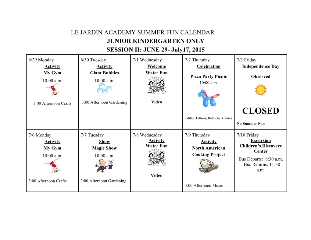 Le Jardin Academy Summer Fun Calendar