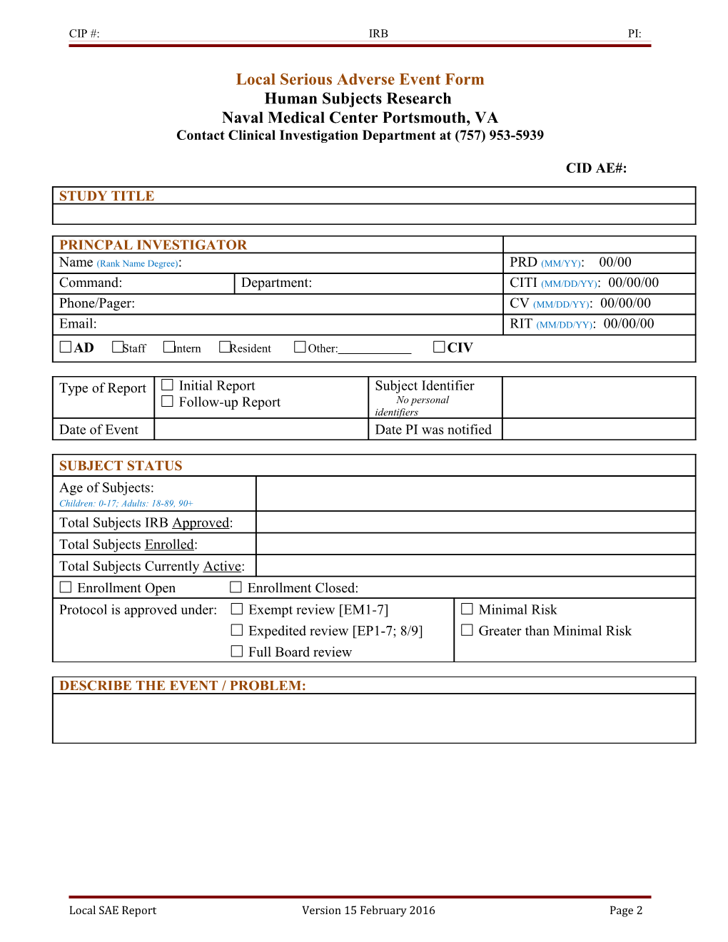 Local Serious Adverse Event Form