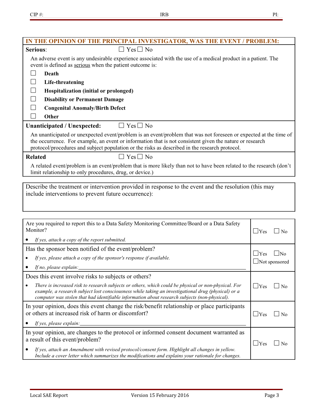 Local Serious Adverse Event Form