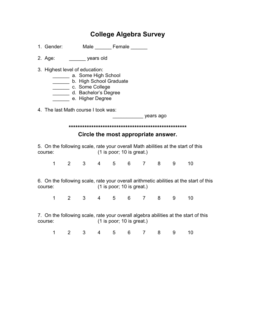 College Algebra Survey