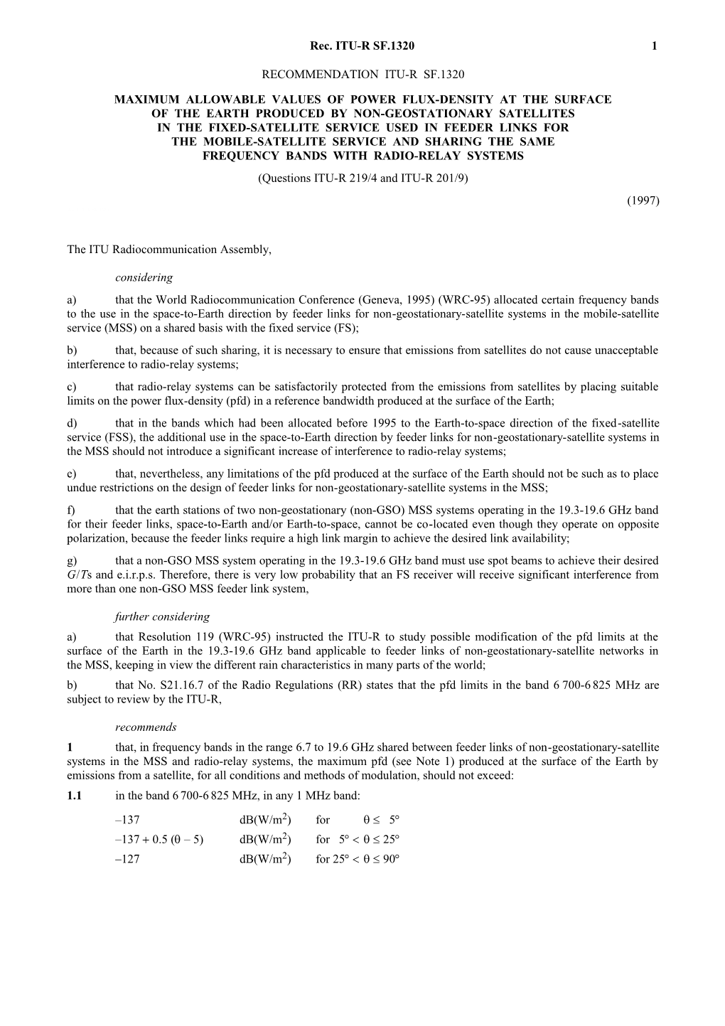 SF.1320 - Maximum Allowable Values of Power Flux-Density at the Surface of the Earth Produced