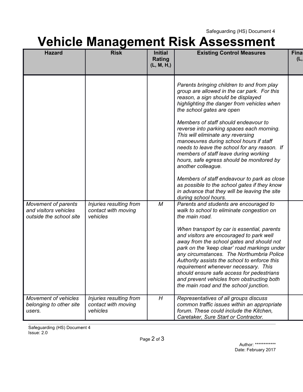 Document 4 - Vehicle Management Risk Assessment