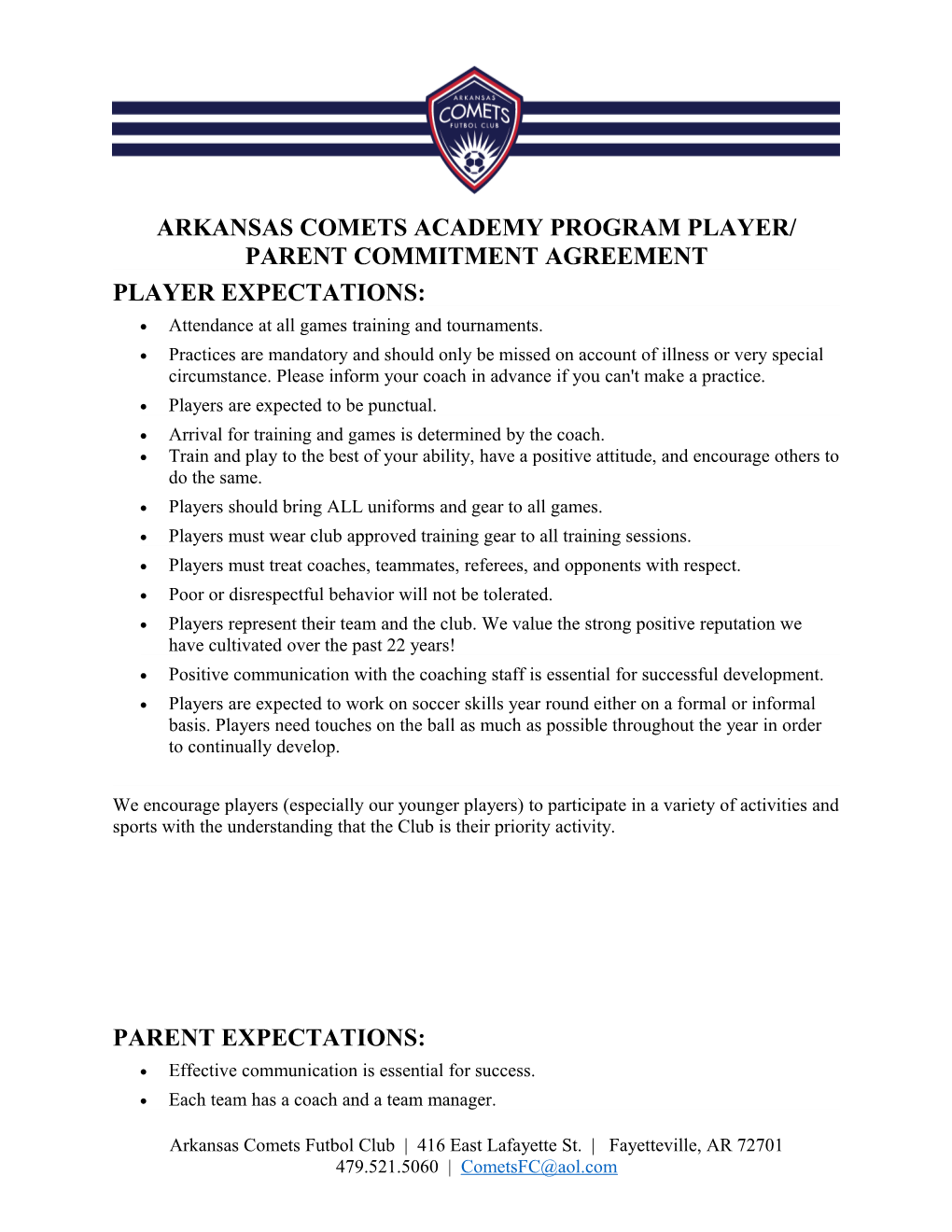 Arkansas Comets Academy Program Player/ Parent Commitment Agreement