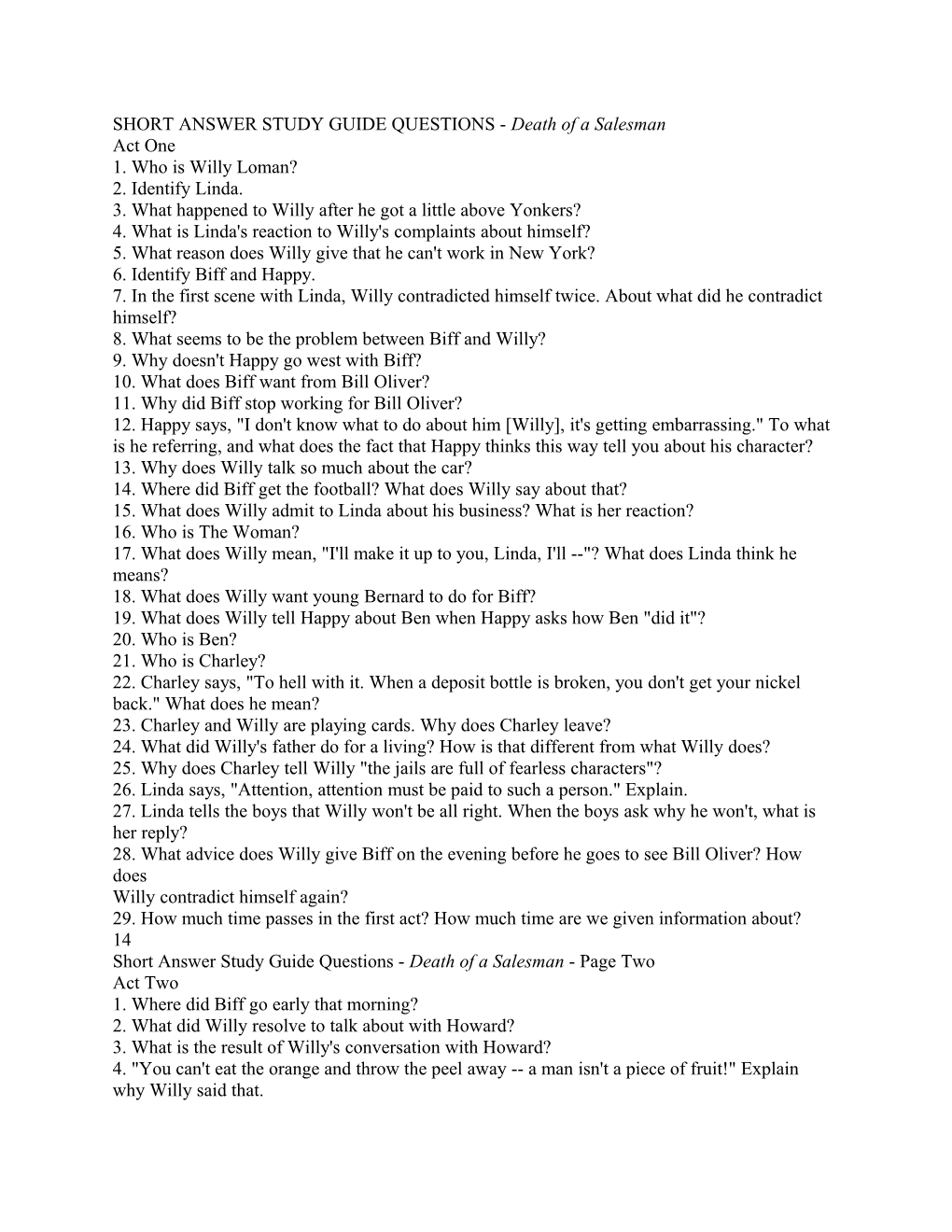 SHORT ANSWER STUDY GUIDE QUESTIONS - Death of a Salesman