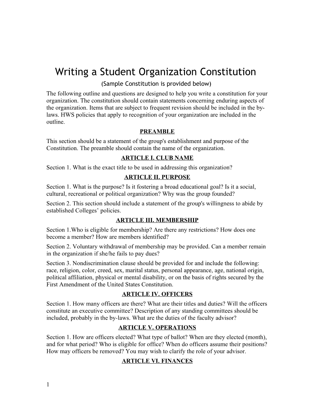Writing a Student Organization Constitution (Includes a Sample Constitution)