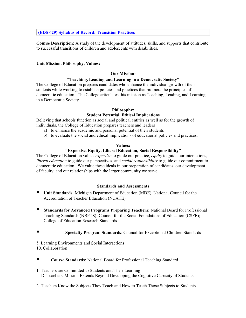 (EDS 629) Syllabus of Record: Transition Practices