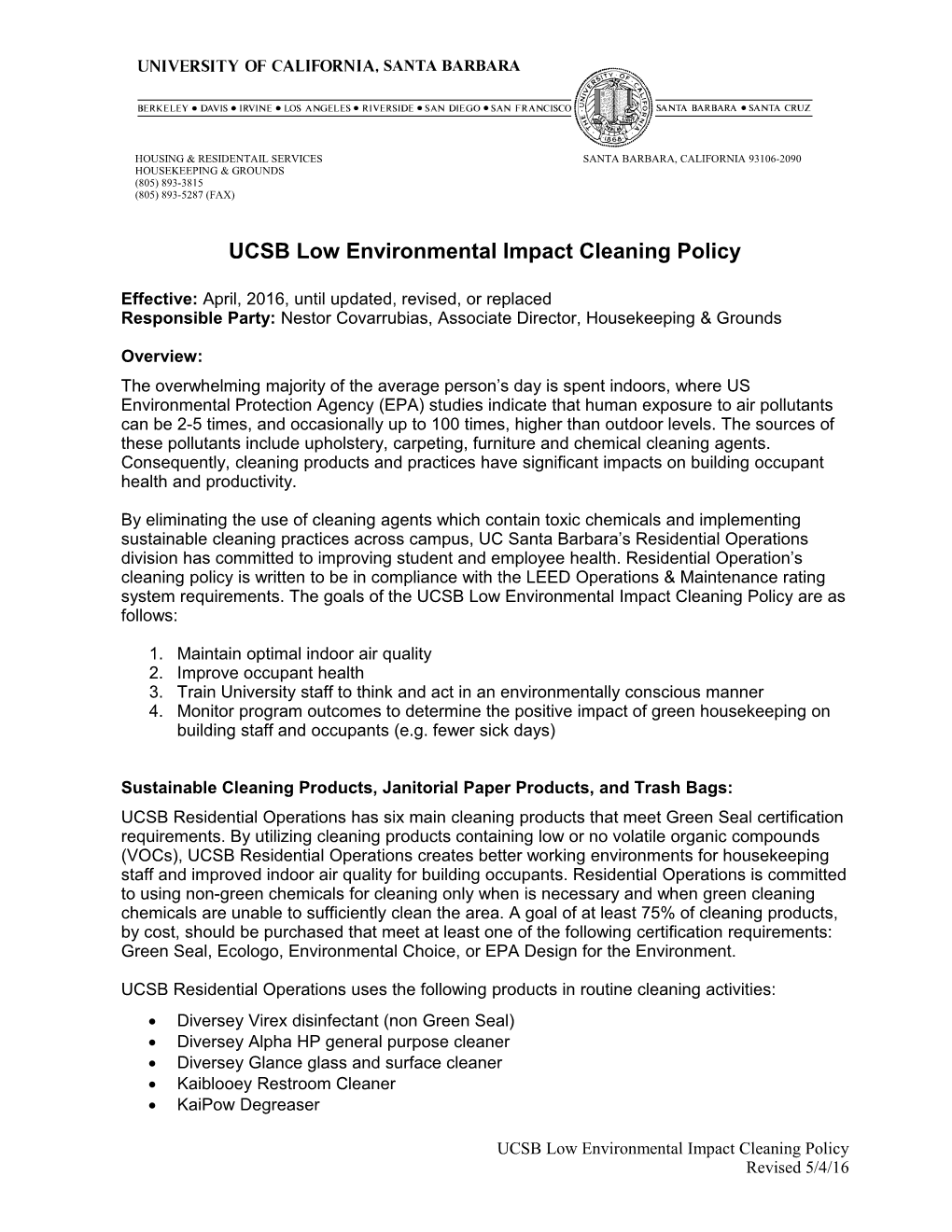 UCSB Low Environmental Impact Cleaning Policy