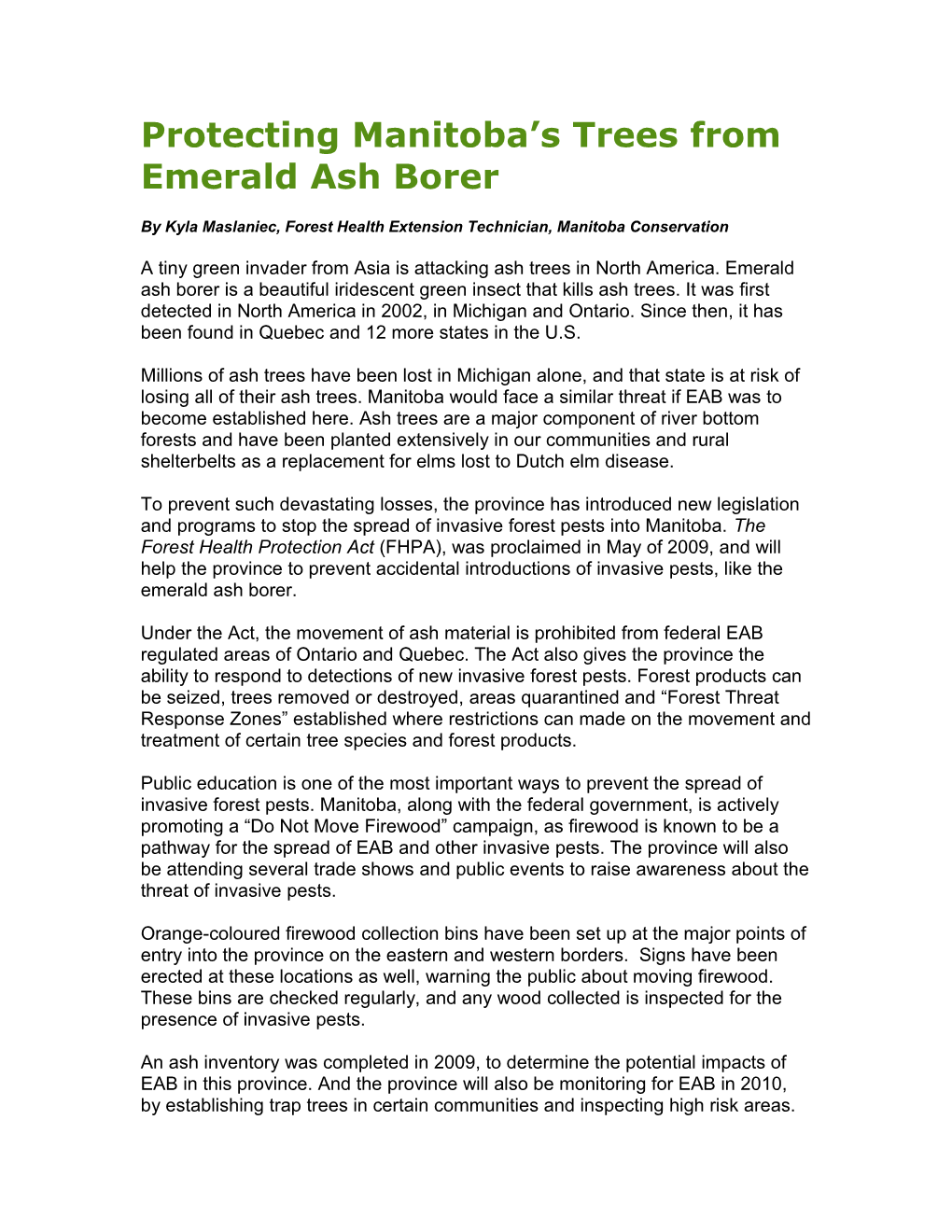 Protecting Manitoba S Trees from Emerald Ash Borer