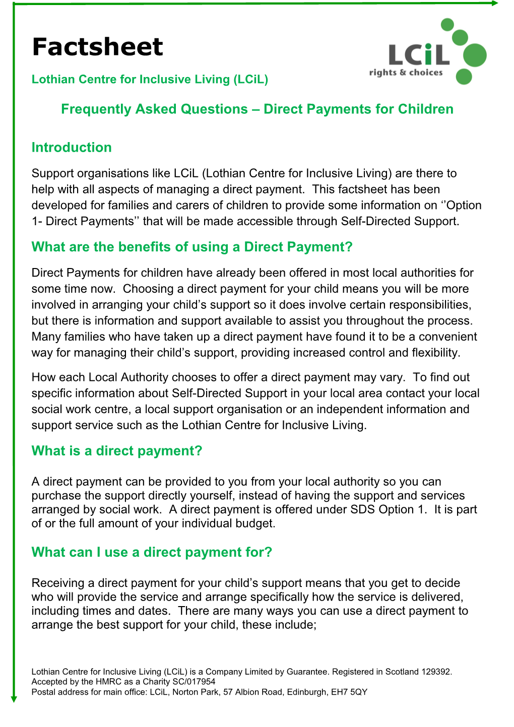 Frequently Asked Questions Direct Payments for Children