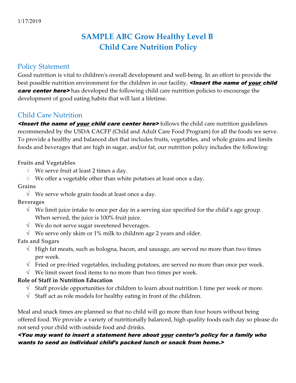 ABC Child Care Center Nutrition Policy