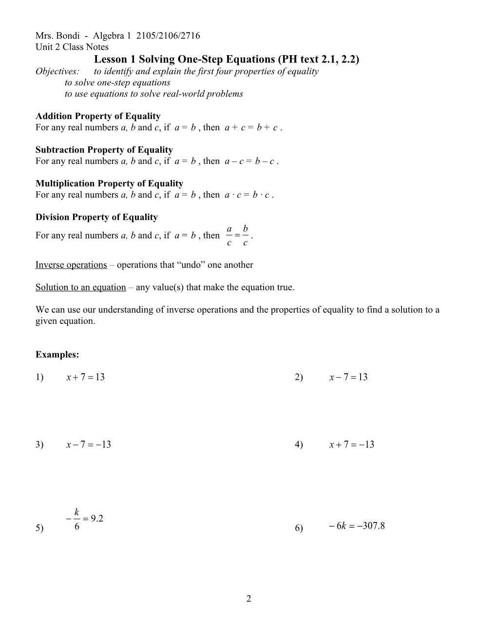 Lesson 1 Solving One-Step Equations (PH Text 2.1, 2.2)