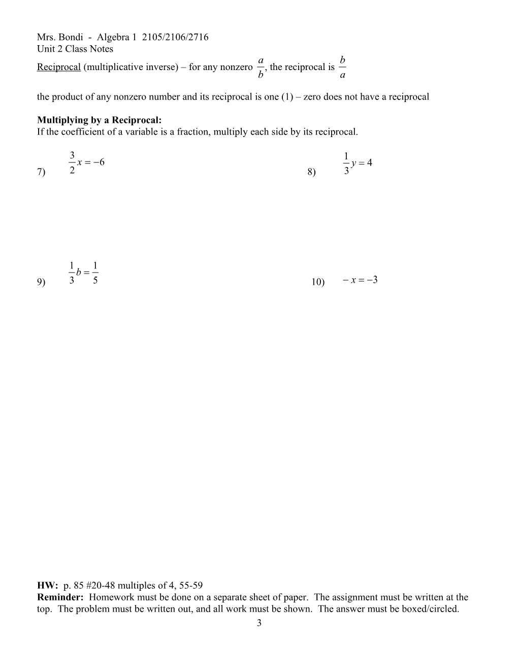 Lesson 1 Solving One-Step Equations (PH Text 2.1, 2.2)