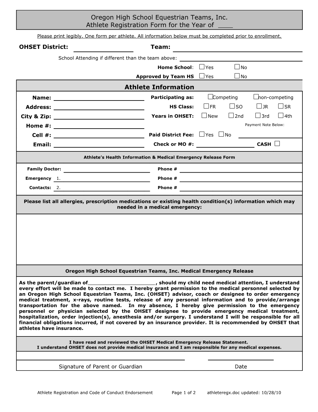 Athlete Registration and Code of Conduct Endorsement Page 1 of 2 Athleteregx Updated: 10/28/10