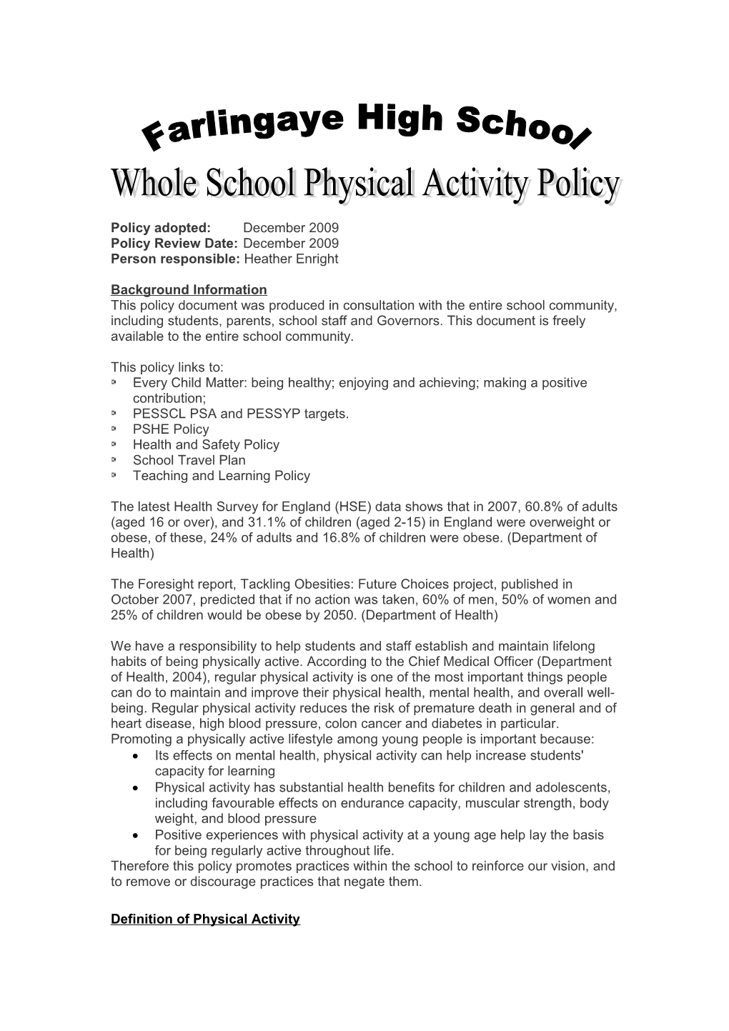 Farlingaye High School Physical Activity Policy