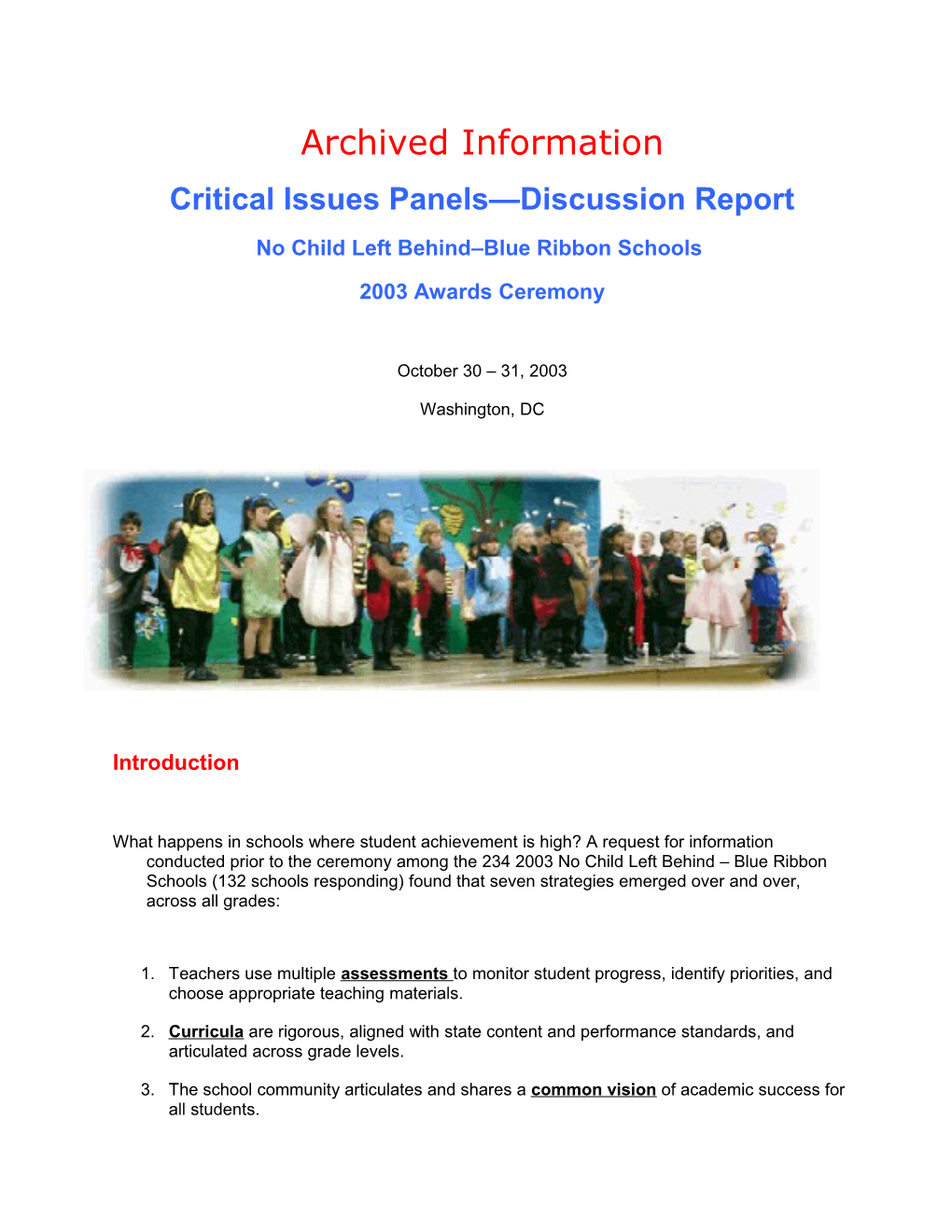 Archived: Critical Issues Panels-Discussion Report: No Child Left Behind-Blue Ribbon Schools