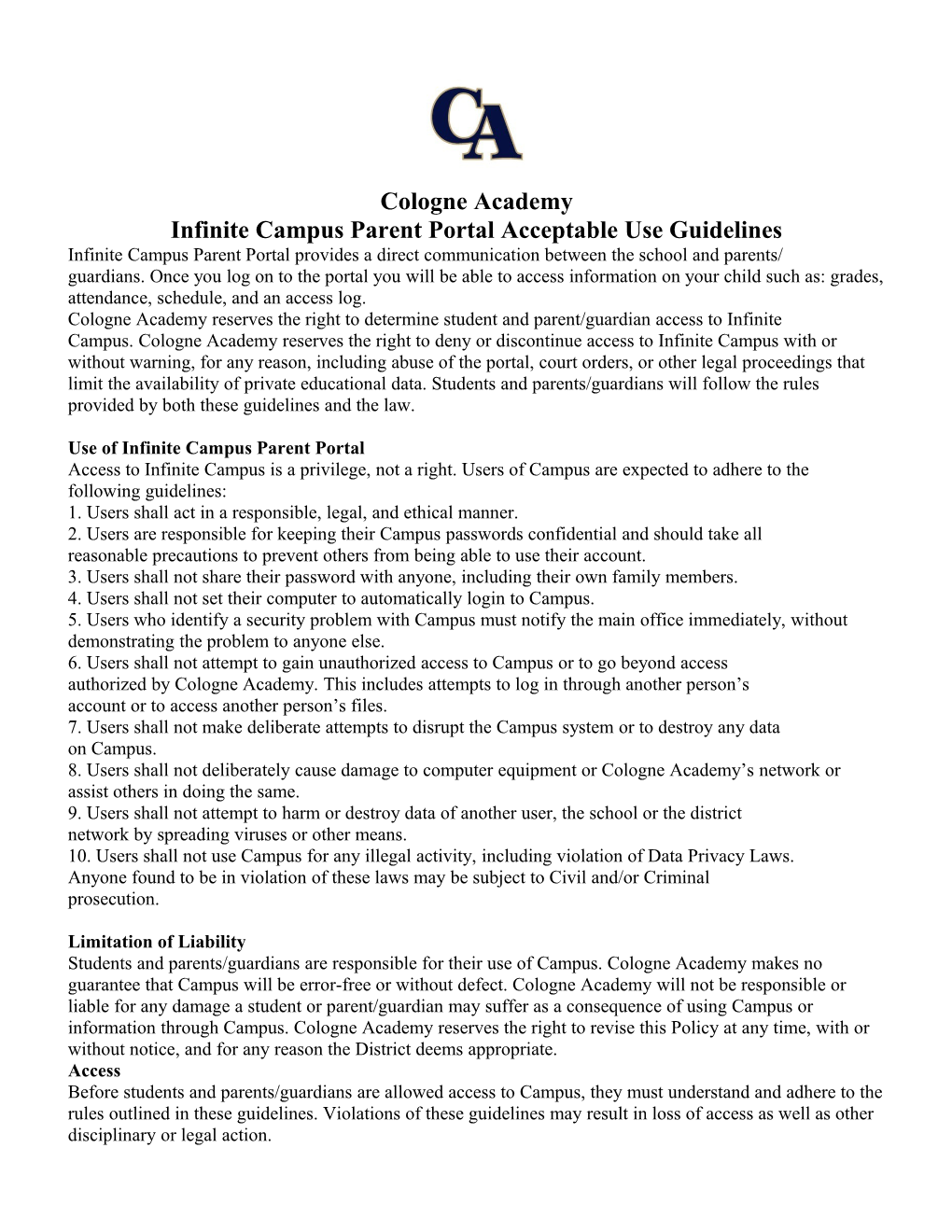 Infinite Campus Parent Portal Acceptable Use Guidelines