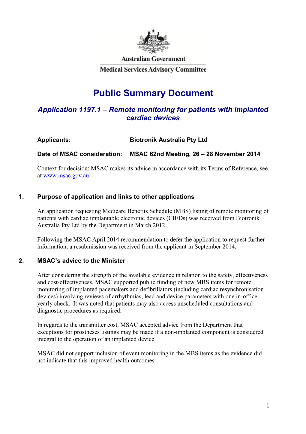 Application 1197.1 Remote Monitoring for Patients with Implanted Cardiac Devices