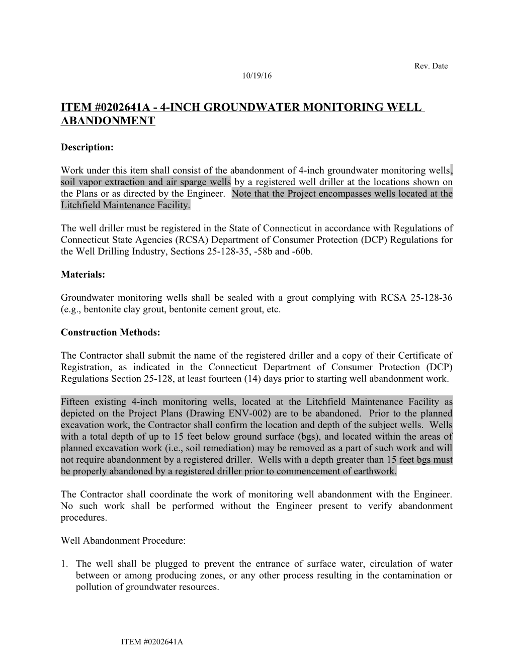 ITEM #0202641A - 4-Inchgroundwater MONITORING WELL ABANDONMENT