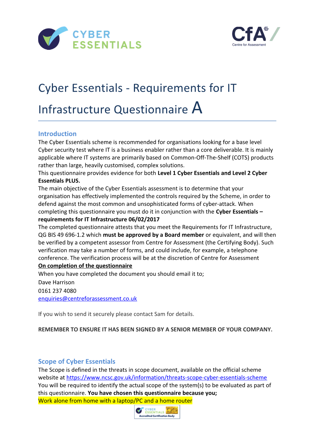 Cyber Essentials - Requirements for IT Infrastructure Questionnairea