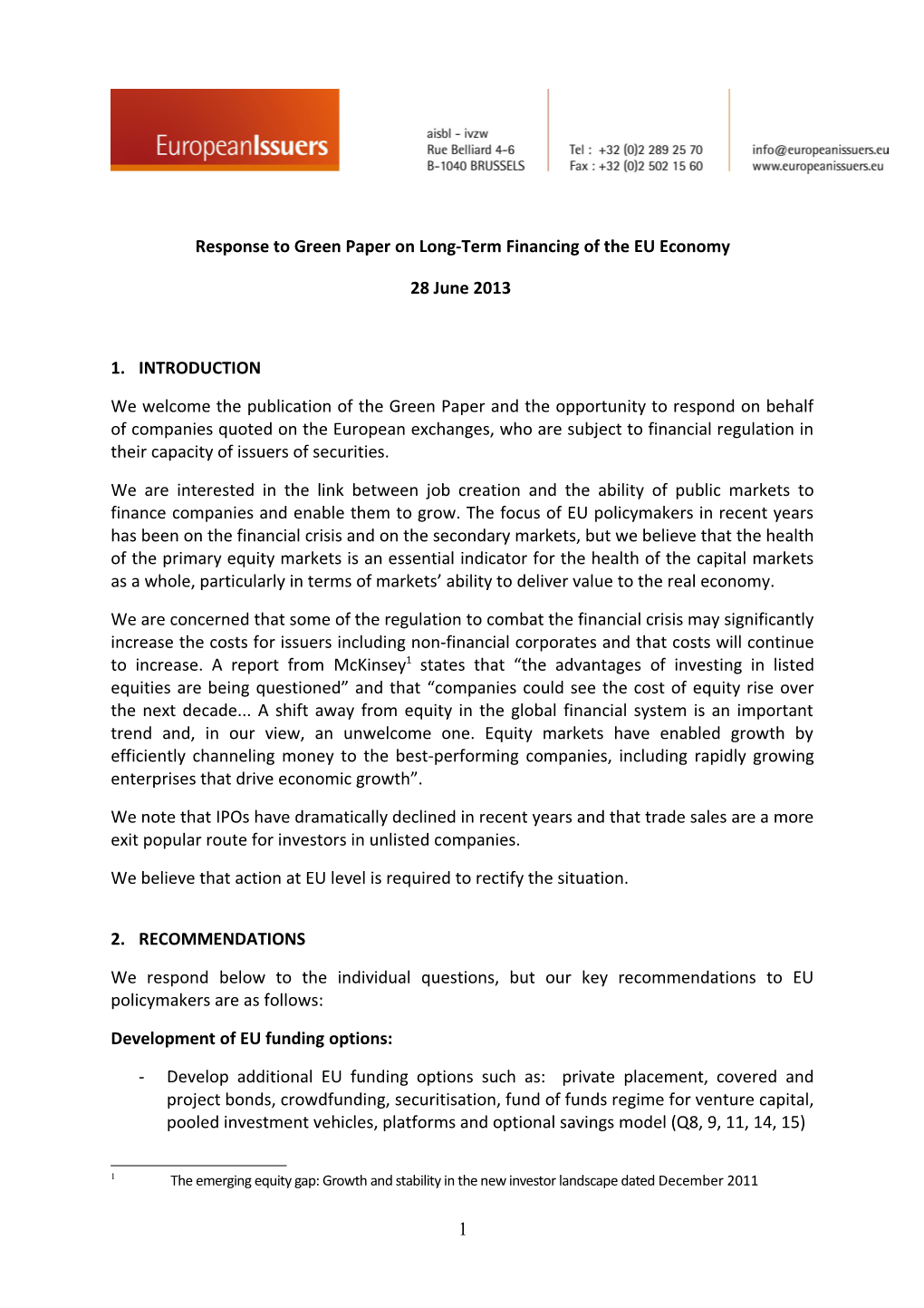 Response to Green Paper on Long-Term Financing of the EU Economy