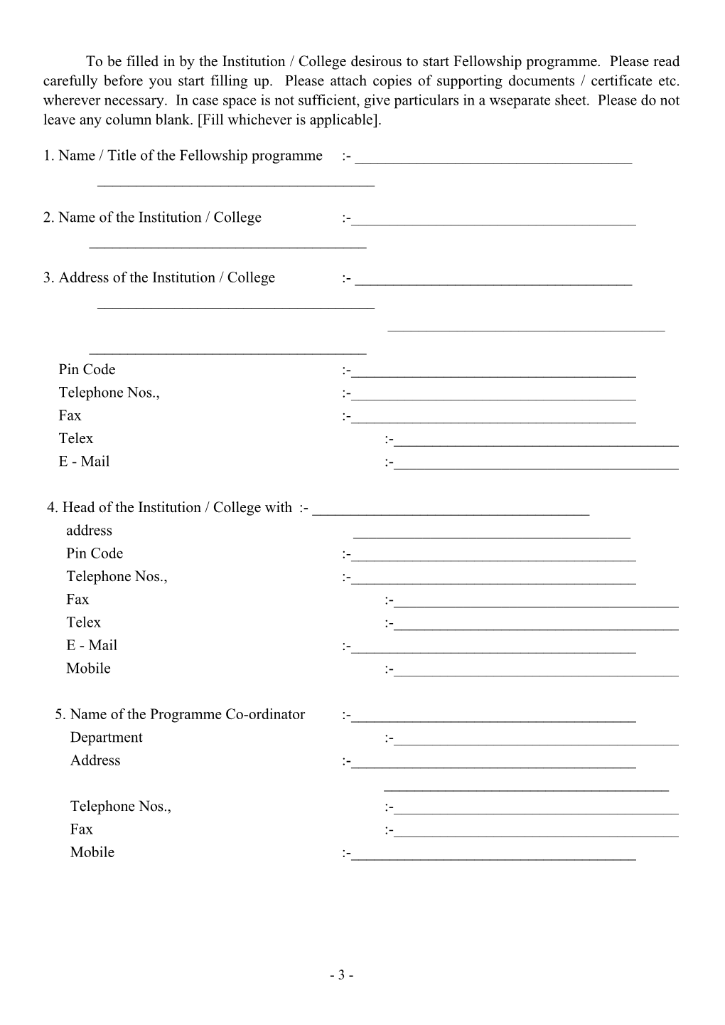 Application for Fresh Fellowship / Certificate Courses Form No. 5