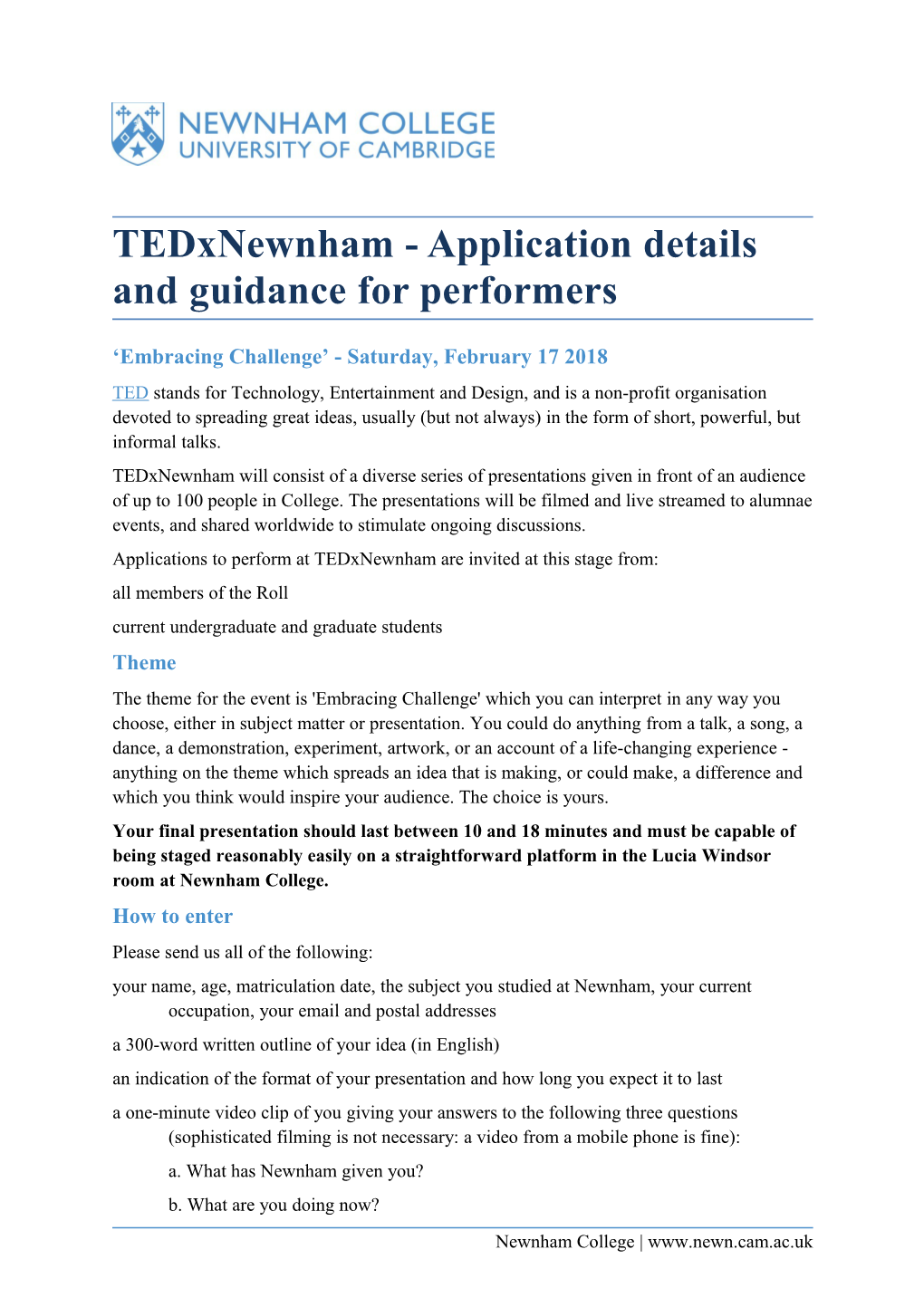 Tedxnewnham - Application Details and Guidance for Performers