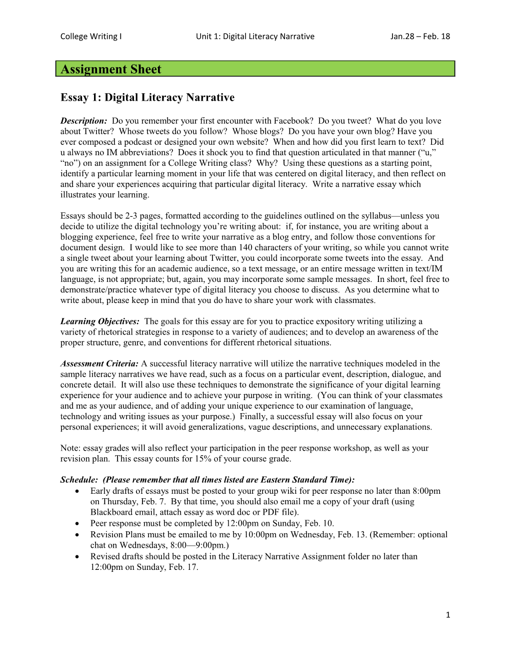 Essay 1: Digital Literacy Narrative