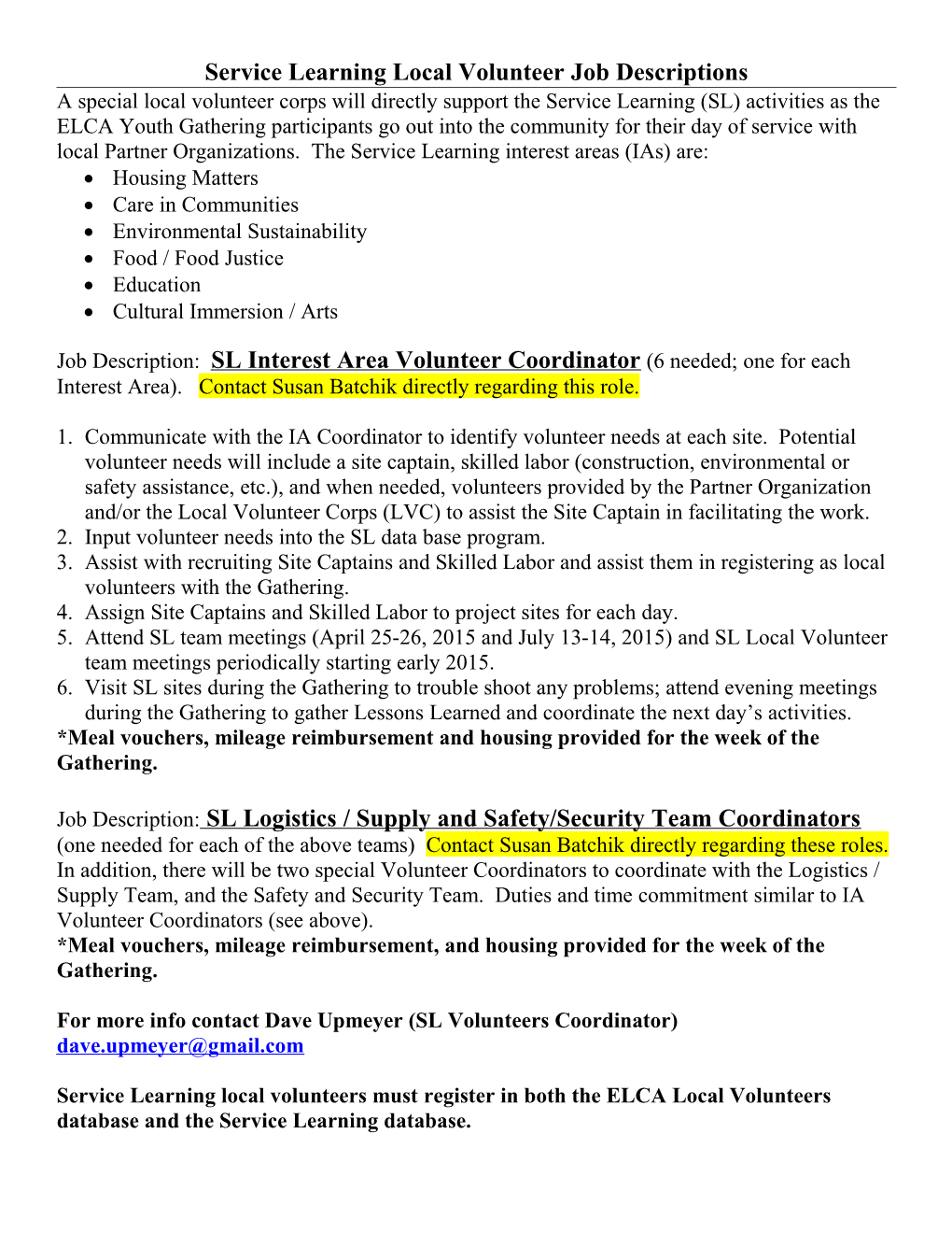 Service Learning Local Volunteer Job Descriptions