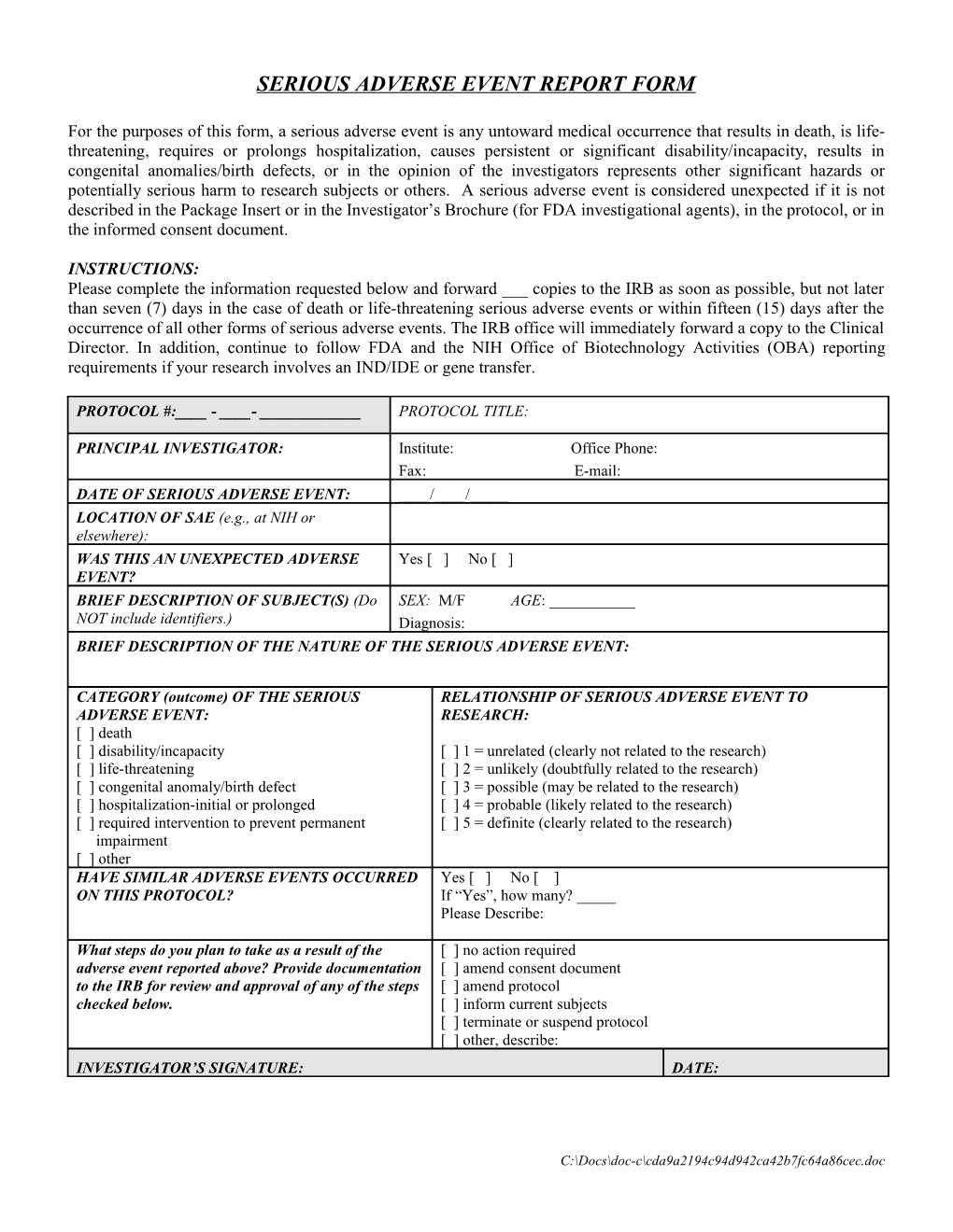 Serious Adverse Event Report Form