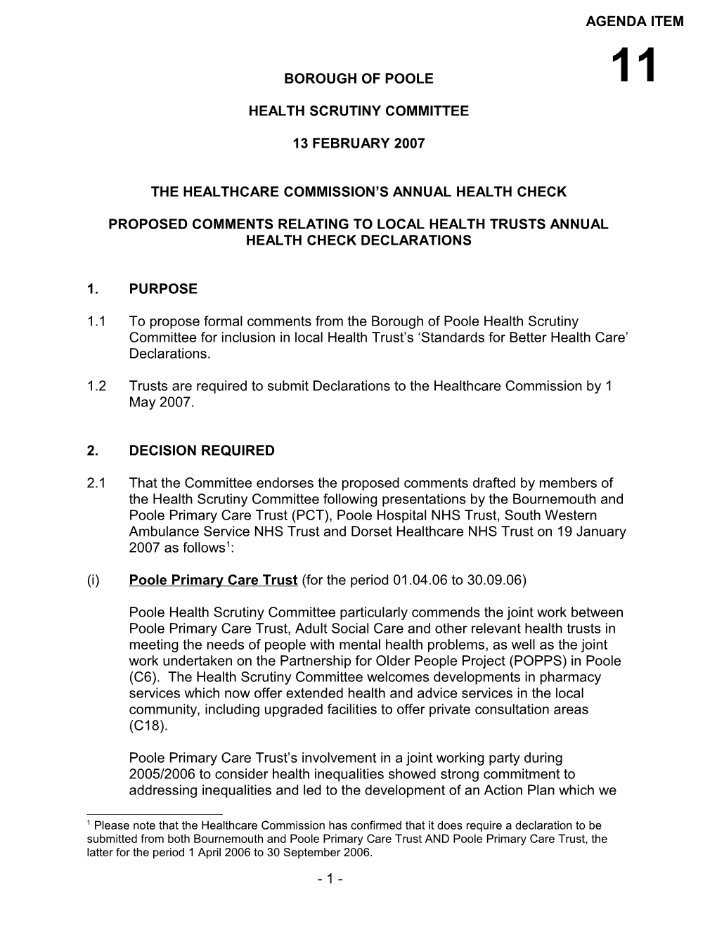 Proposed Comments Relating to Local Health Trusts Annual Health Check Declarations