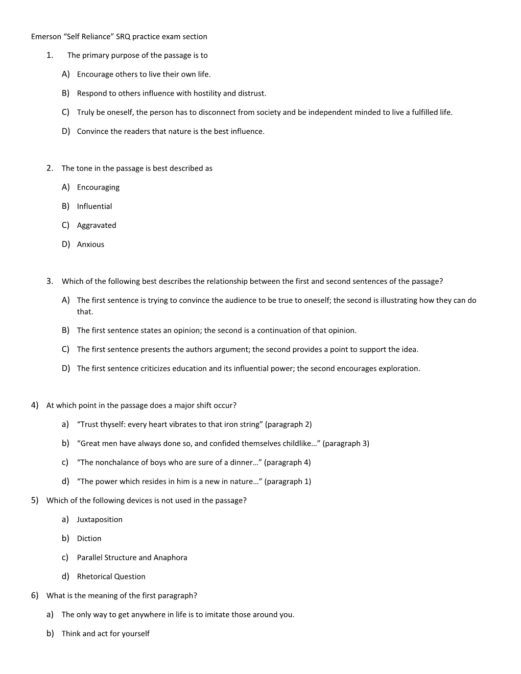 Emerson Self Reliance SRQ Practice Exam Section