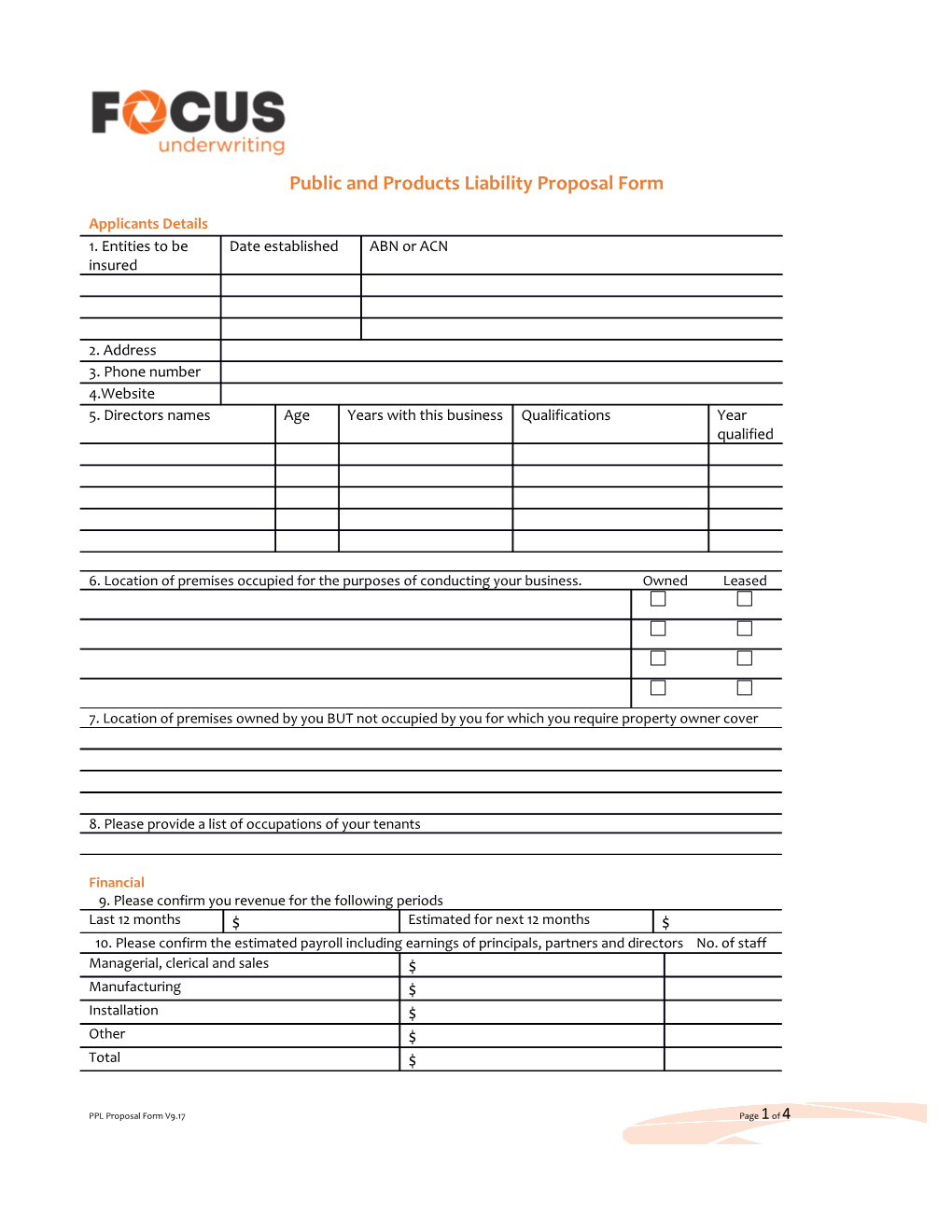 Public and Products Liability Proposal Form