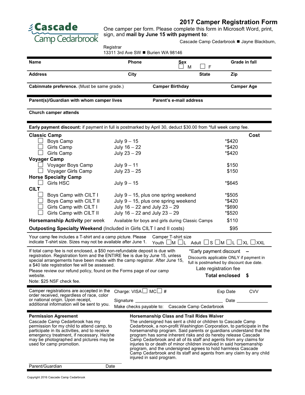 Cascade Camp Cherith Registration Form
