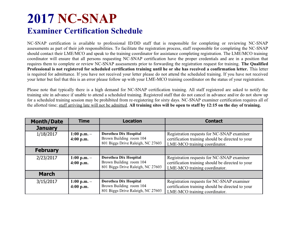 Examiner Certification Schedule