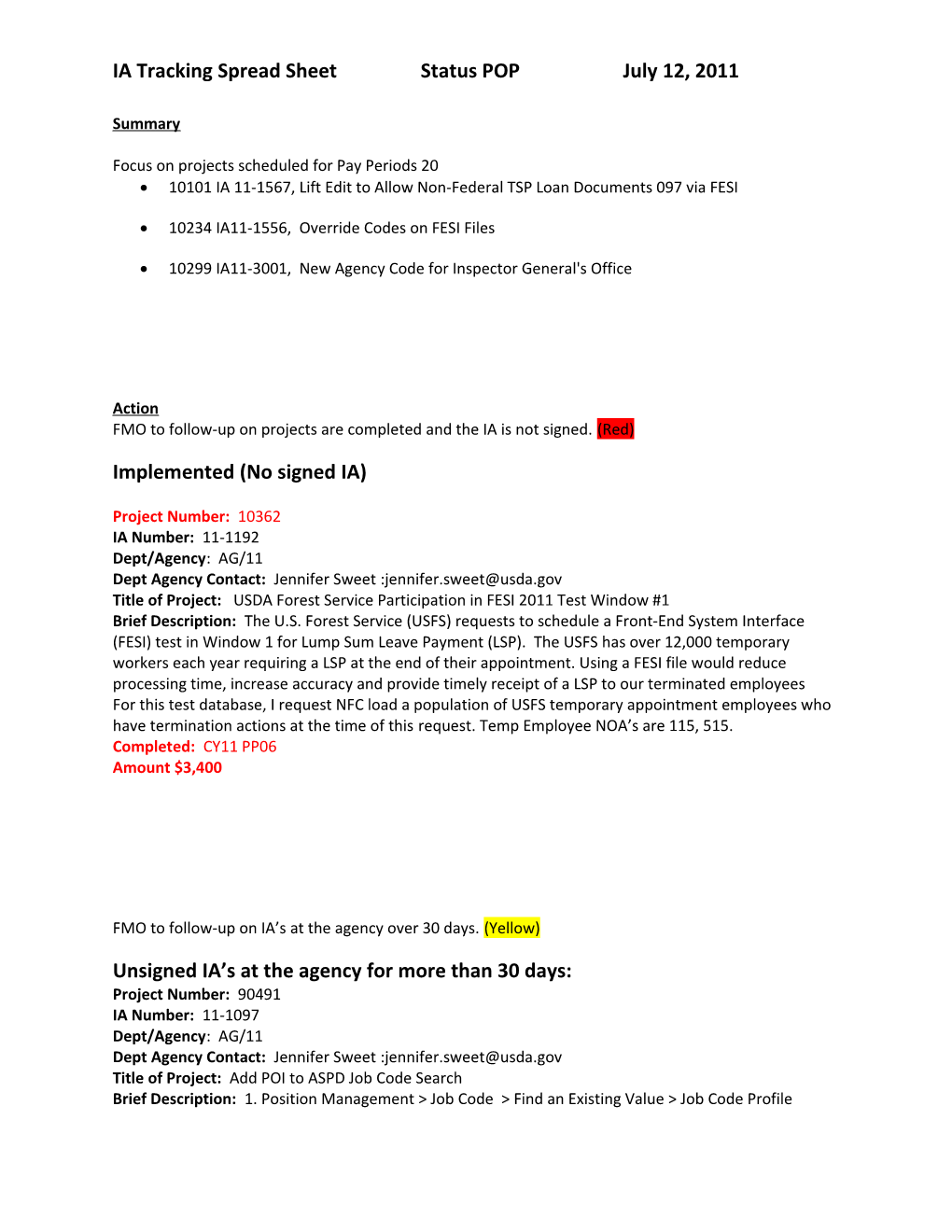 IA Tracking Spread Sheet Status POP July12, 2011