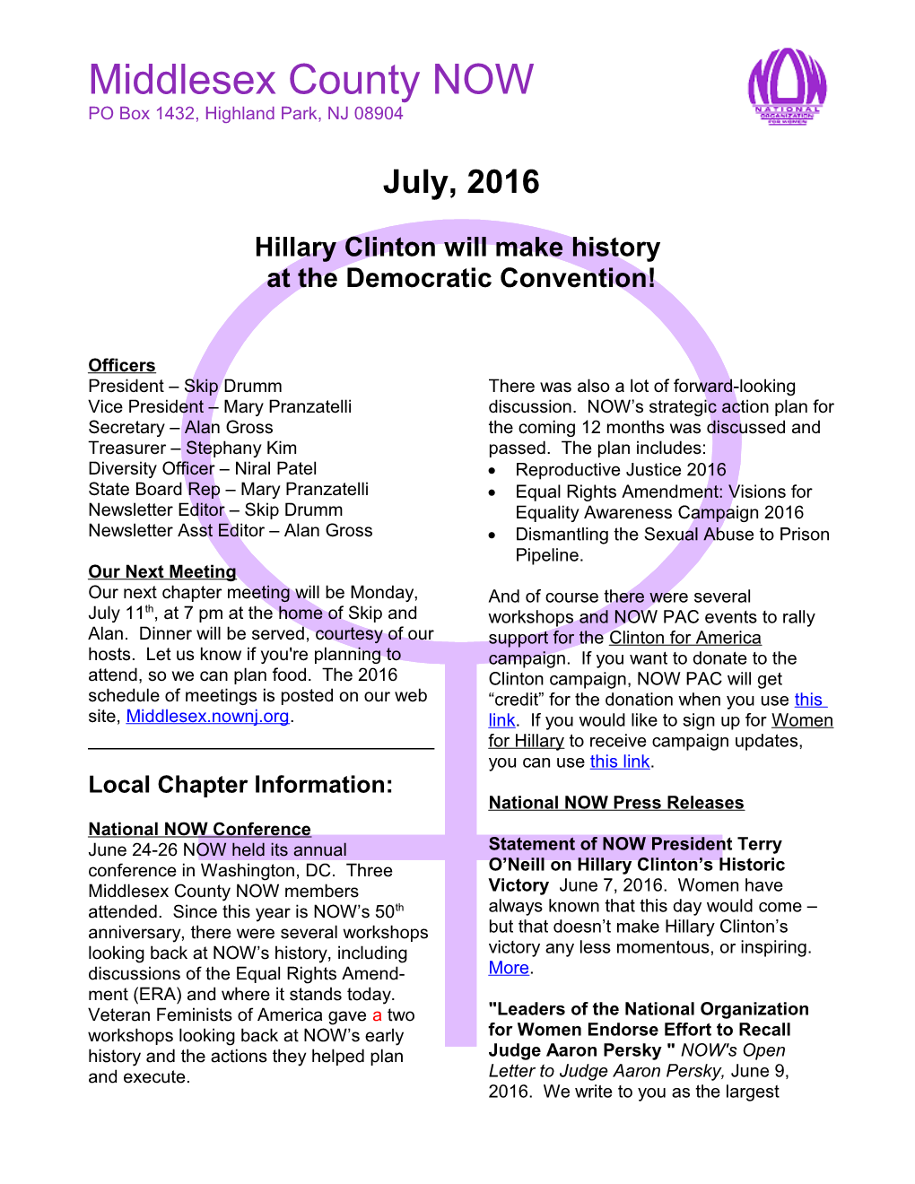 Middlesex County NOW Newsletter, July