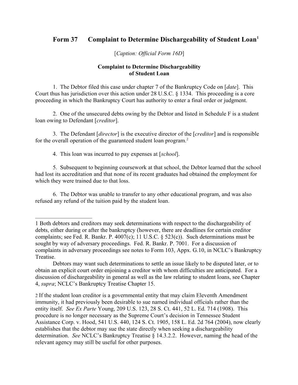 Form 37Complaint to Determine Dischargeability of Student Loan 1