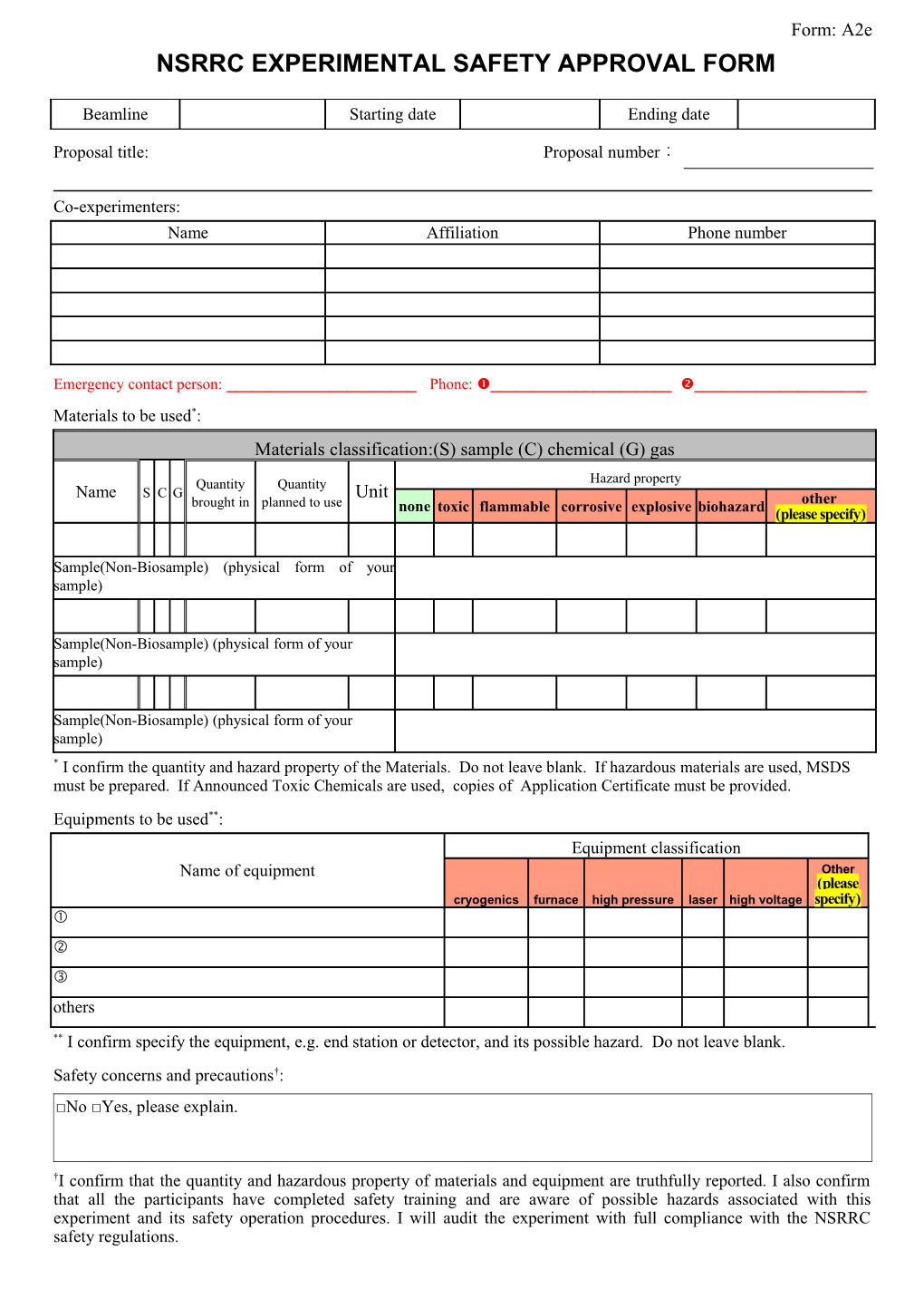 Nsrrc Experimental Safety Approval Form
