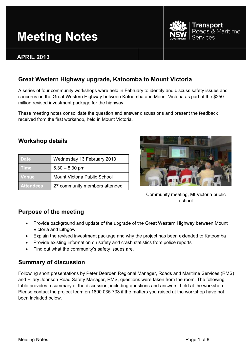 Great Western Highway Upgrade Meeting Notes, Katoomba to Mount Victoria - 13 February 2013