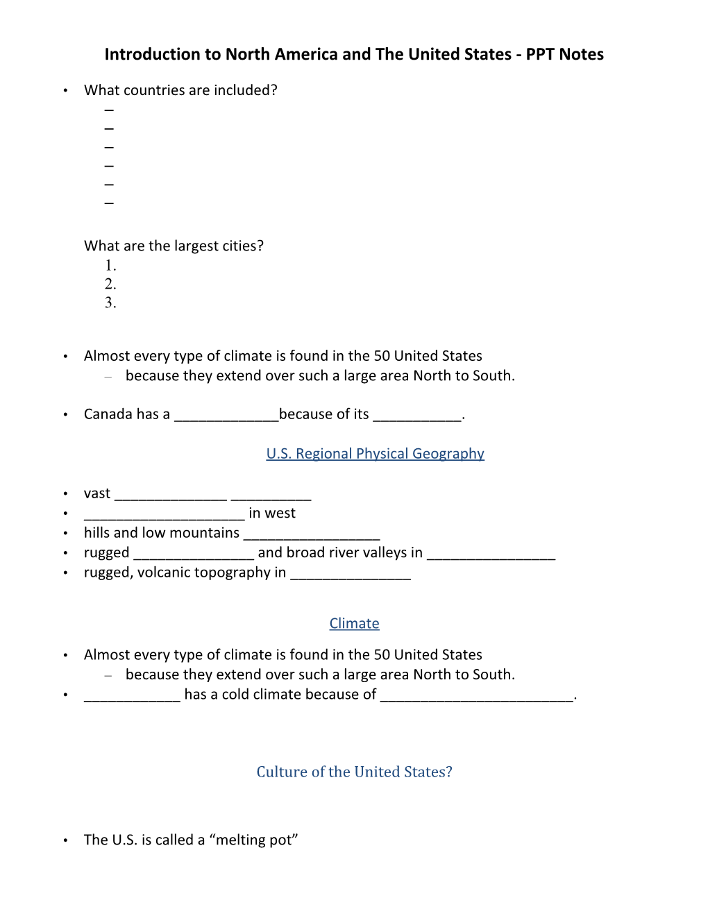 Introduction to North America and the United States - PPT Notes