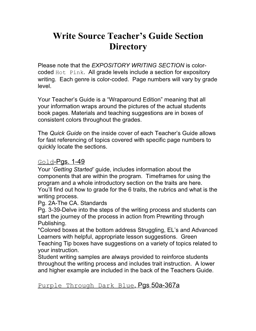 Write Source Teachers Guide Section Directory