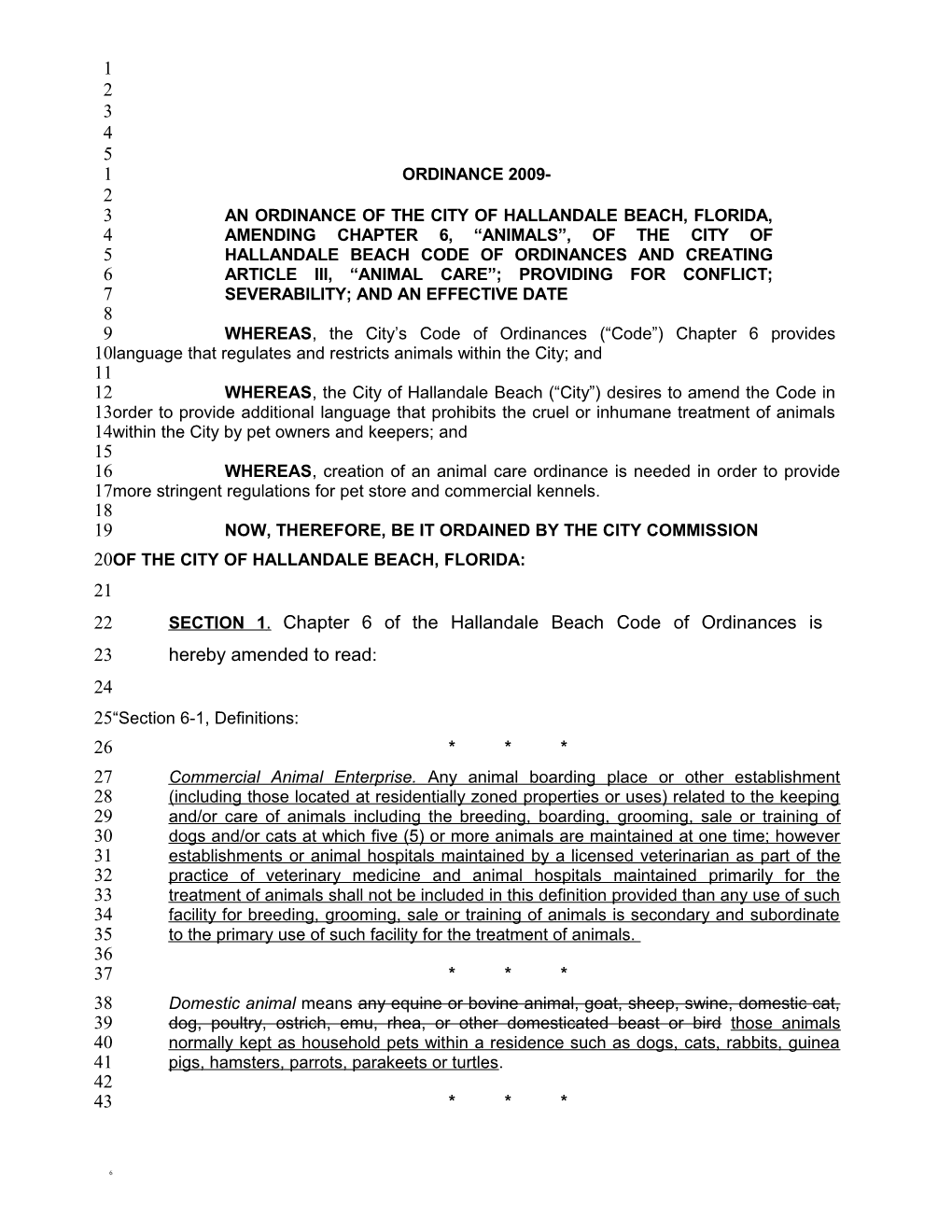 An Ordinance of the City of Hallandale Beach, Florida, Amending Chapter 6, Animals , Of